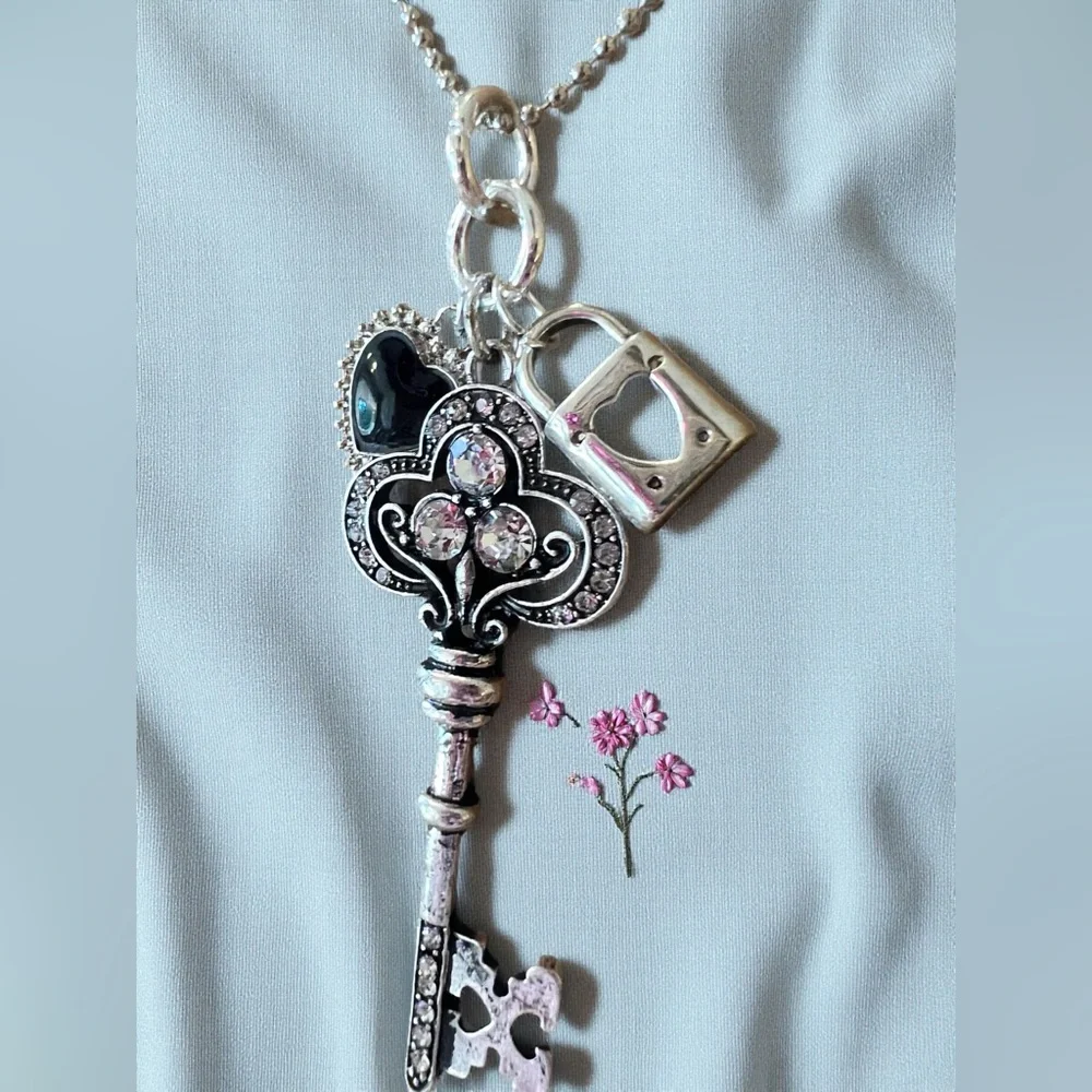 Gorgeous Black and Silver Toned Heart Lock and Key Pendant Necklace